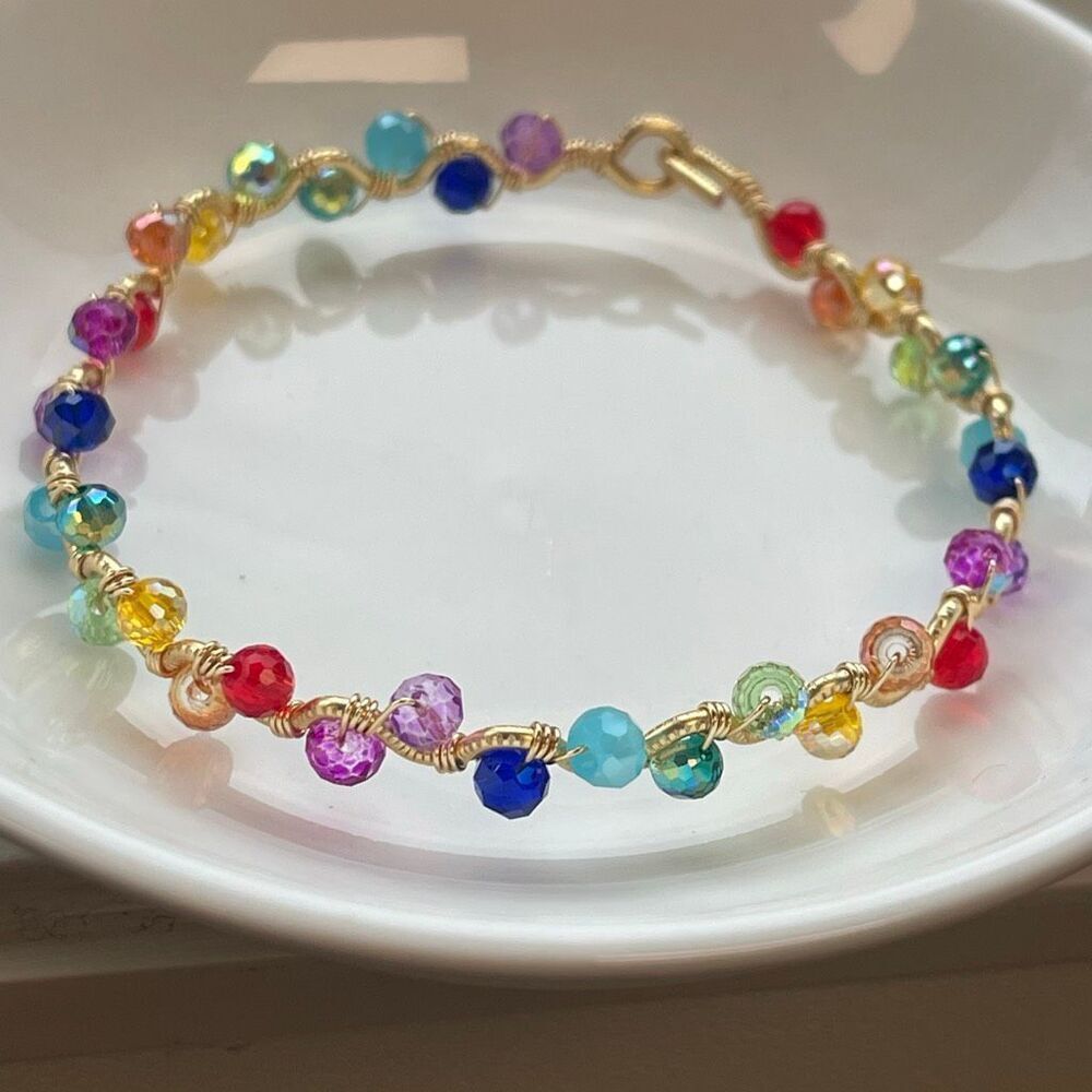 Lucy bangle bracelet 8” gold copper core PRIDE sparkle rainbow faceted glass bea